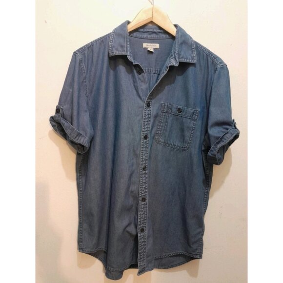 Calvin Klein Womens Denim Short Sleeve Western Roll Tab Casual Sz Medium Shirt - Picture 1 of 7